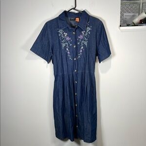Blue Denim Midi Flower Embroidery Sundress with Notched Collar and Short Sleeves